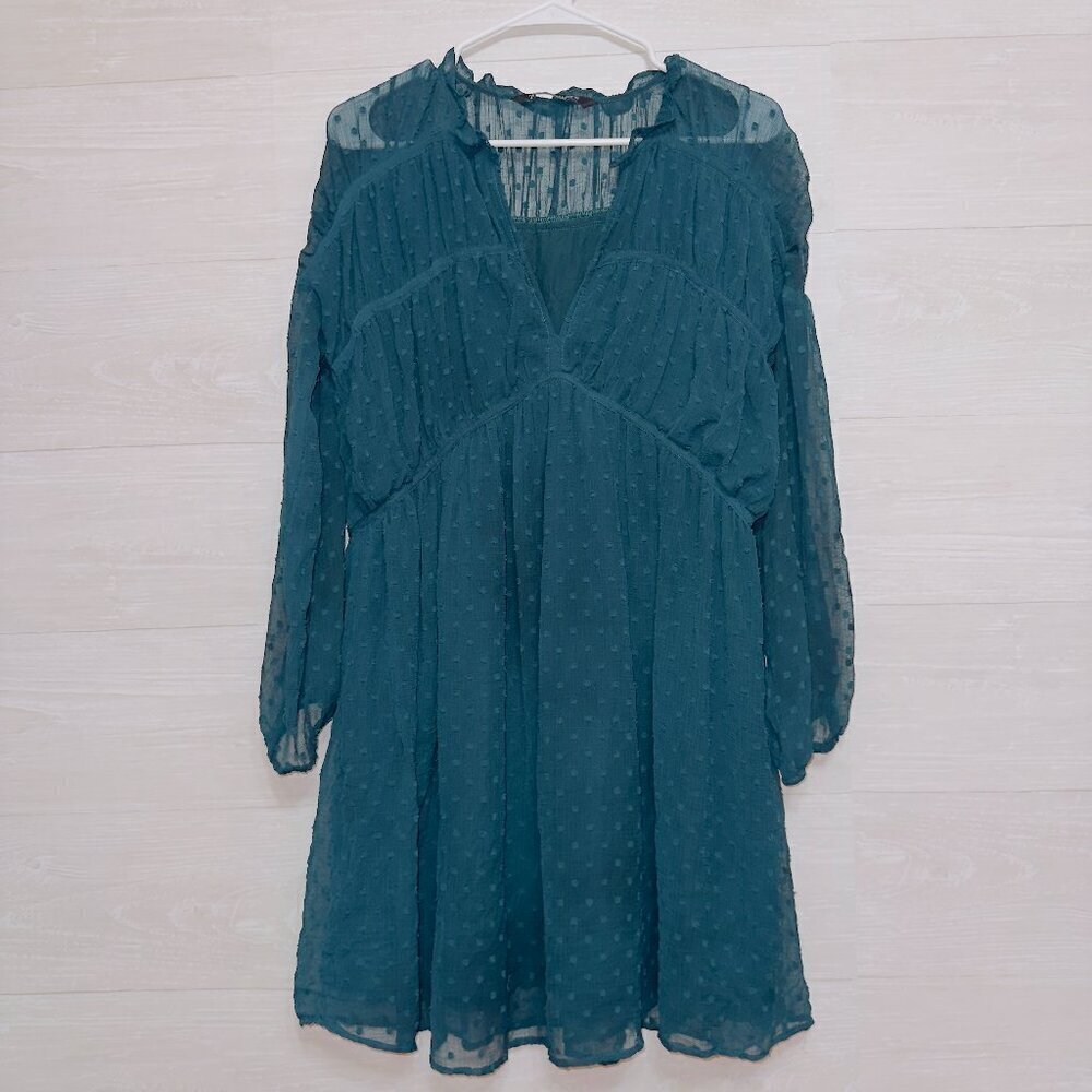 Zara Women's Green Swiss Dot Chiffon 3/4 Sleeve V Neck Empire Waist Mini Dress